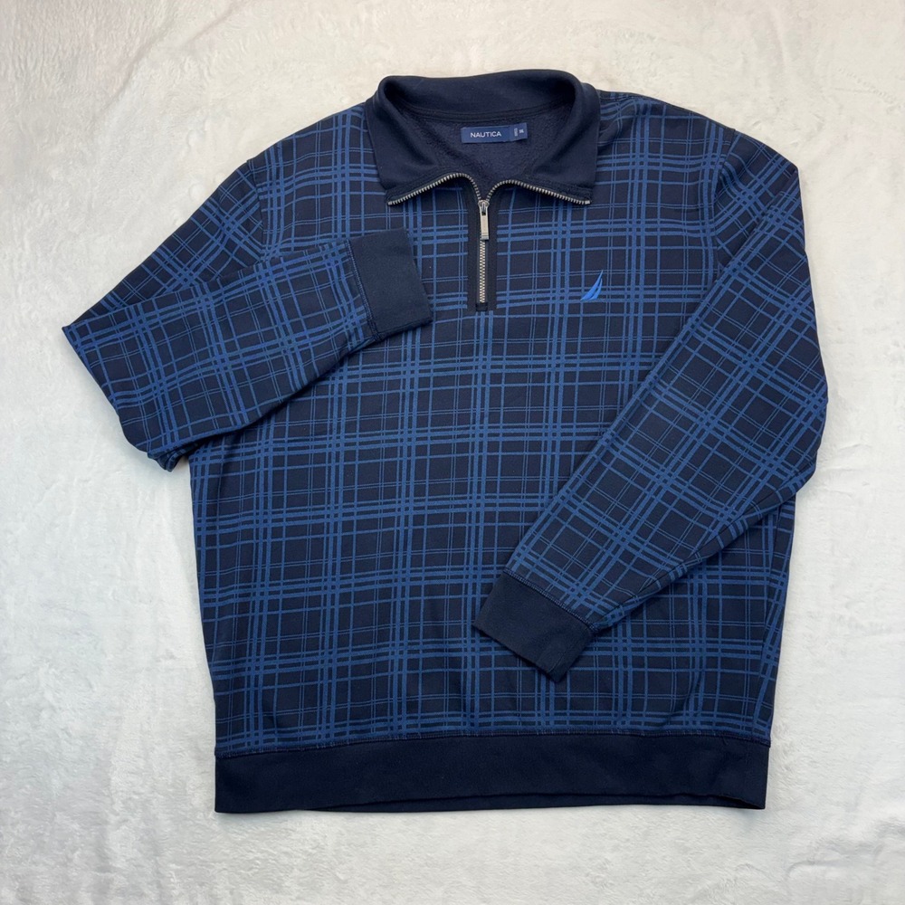Nautica Mens XXL Quarter Zip Pullover Sweatshirt Navy Blue Grid Plaid Fleece
